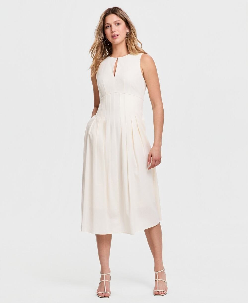 Sam Edelman Women's Pintuck-Waist Solid Midi Dress Ivory Size 6 1219